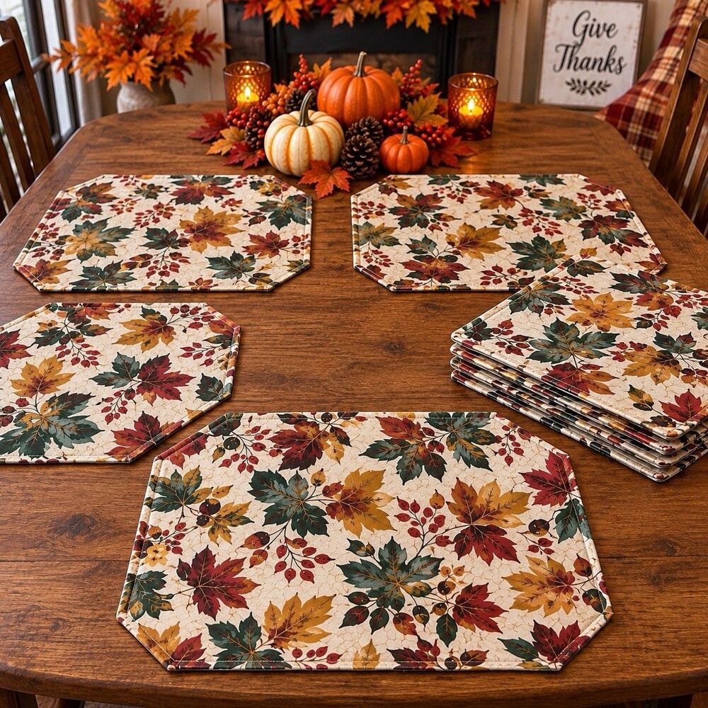 Thanksgiving Fall Placemats Set of 8 Plastic Reversible Autumn Leaves Acorns VTG